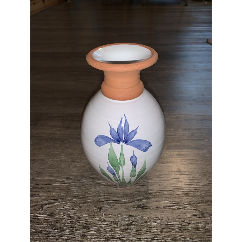 Emerson Creek Pottery Vase, Blue Iris On White Background Vintage 8"